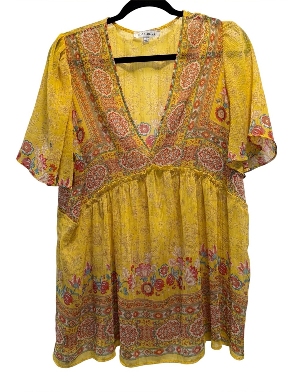 Rose +Olive Yellow Boho Floral V-Neck Peasant Tunic Blouse XL